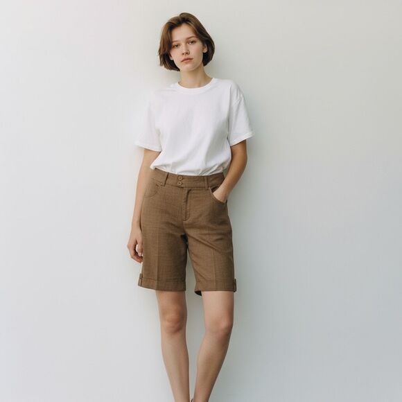 Mandee Solid Beige Brown Cotton Blend Stretchy Capri Bermuda Shorts Size 4 - Picture 1 of 9